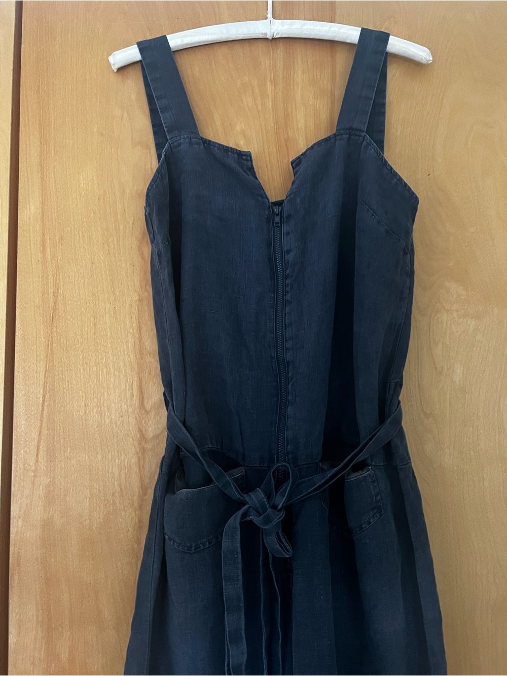 Navy Blue LinenSleeveless Zip Front Jumpsuit with Tie Waist